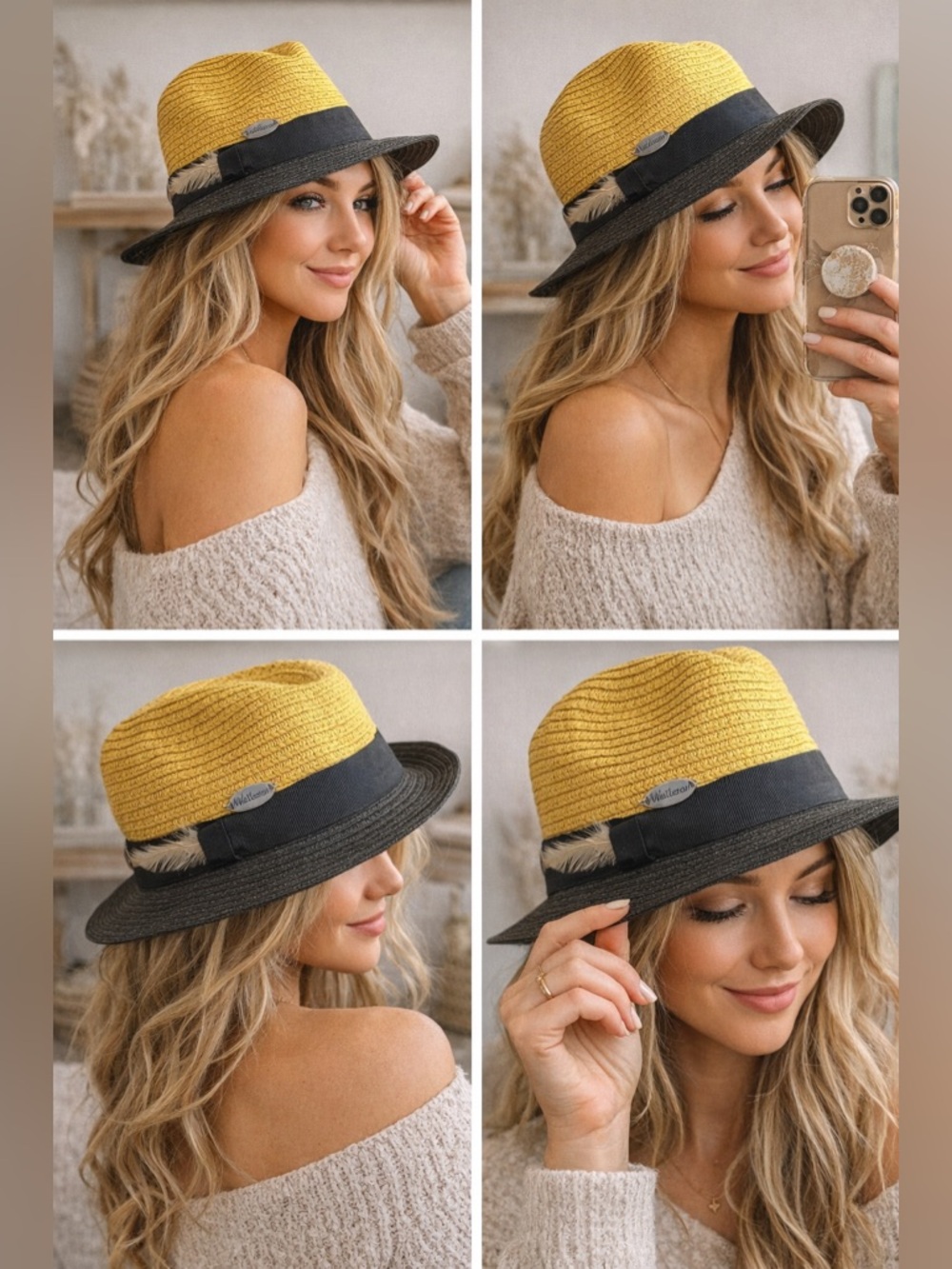 Wallaroo Tia Straw Fedora Hat Yellow Black Wide Brim Sun Hat